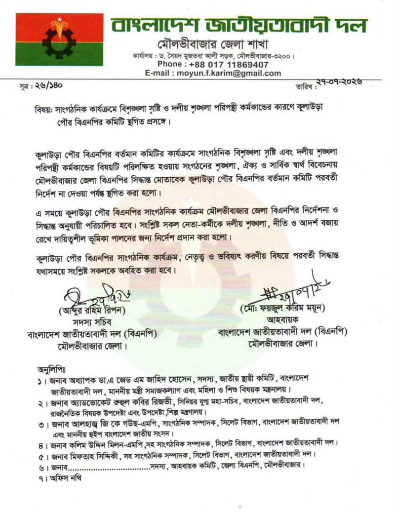 কুলাউড়া পৌর বিএনপি’র কমিটি স্থগিত