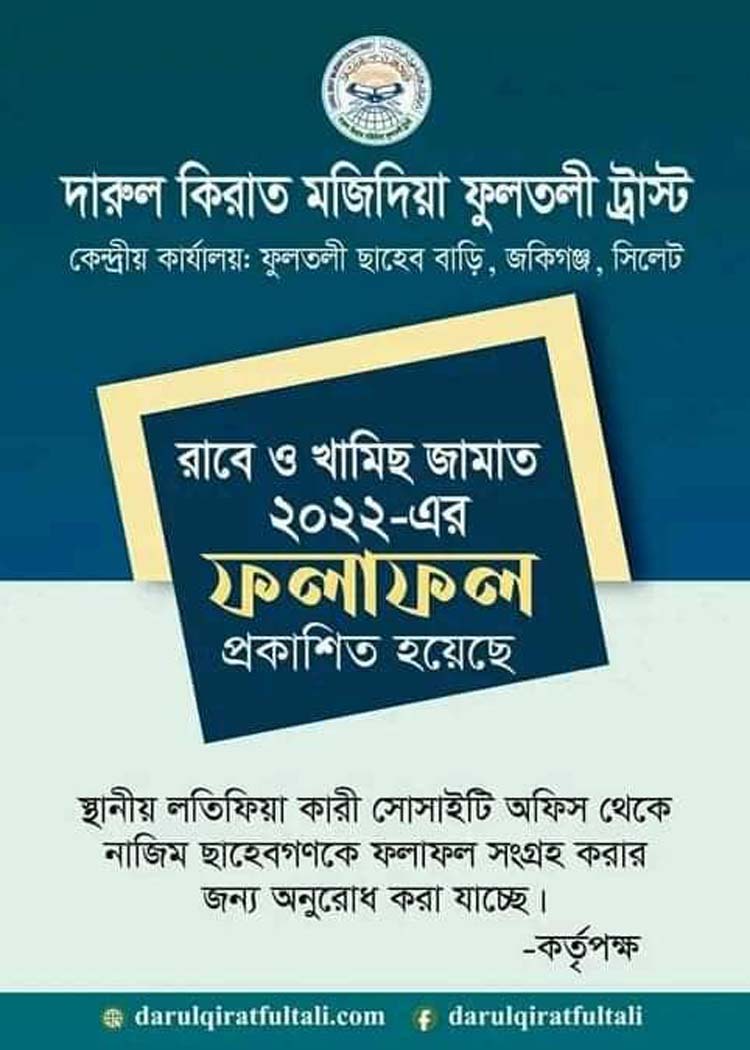 দারুল কেরাত মজিদিয়া ফুলতলী ট্রাস্টের ফলাফল প্রকাশ